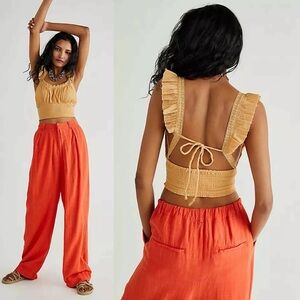 Free People Ruffle Crop Blouse M Orange A Summer Fave‎ Smocked Romantic Fairy